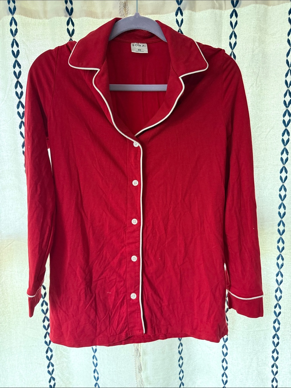 Soma Red Long-Sleeve Pajama Shirt with White Piping